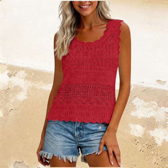 BLTIBY Womens Crochet Eyelet Cover up Tank Tops 2026 Summer Ruffle Crewneck Sleeveless Boho Peplum Vest Trendy Beach Vacation Clothes Red S