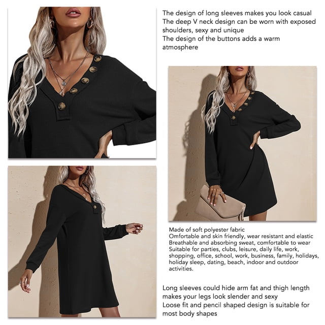 Mini Vestido Con Escote En V Profundo, Transpirable, Cómodo, Suave, Suelto, Con Cuello De Botón, Vestido A Media Pierna Para La Vida Diaria