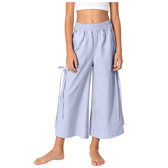 Girls Wide Leg Pants Gaucho Pants for Girls Wide Leg Capri Pants Ruched Waist Cropped Comfy Summer Casual Beach Coluttes Bottom 5-14 Years