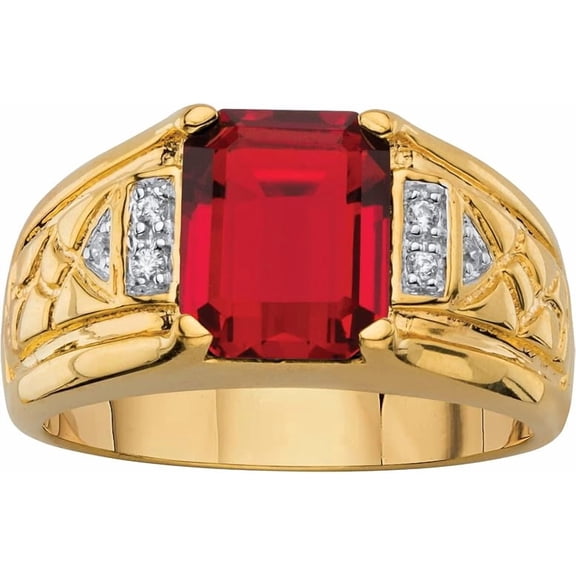 Sterling Silver Emerald-Cut Red Ruby CZ Ring for Men, Gold Plated 925 Wide Band -7