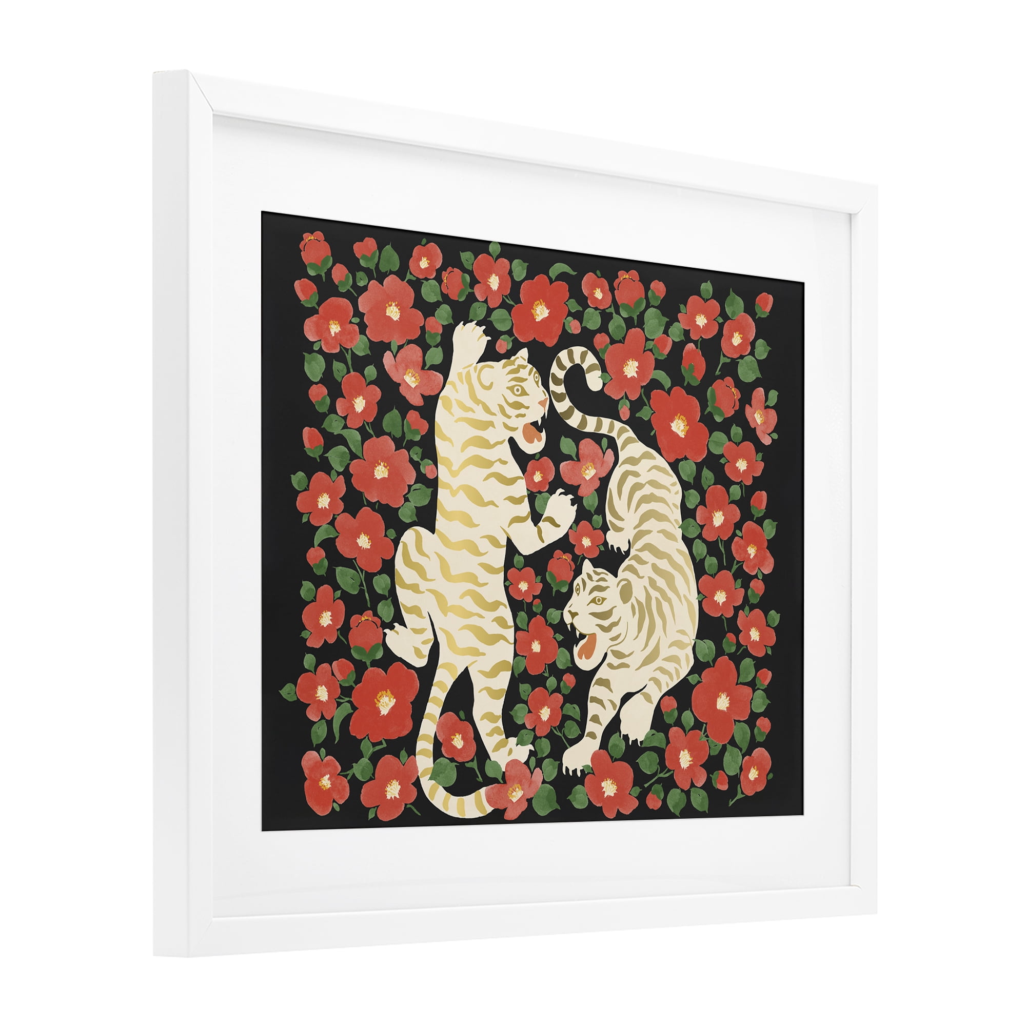 Stupell Industries Ivory Twin Tigers Among Flowers White Framed Print Under Glass, design by Karolina Sato