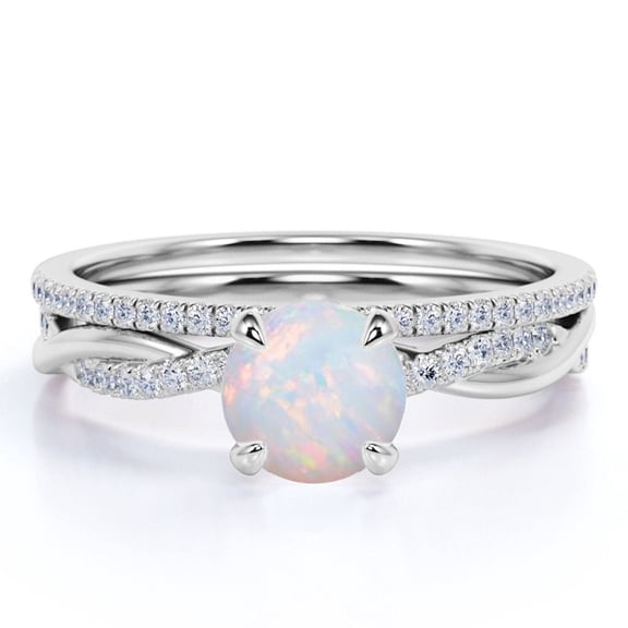 JeenMata 1.75 ct Real Round Opal and Moissanite Bridal Ring Set in 18K White Gold over Silver