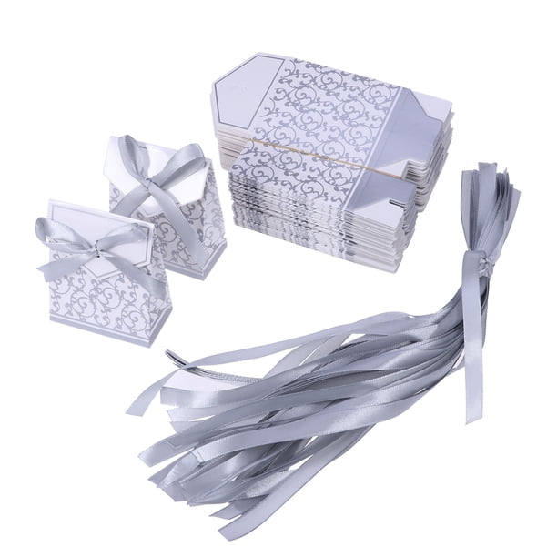 50 cajas de dulces para bodas, cajas de regalo impresas con cinta cosida, elegantes cajas para bombones (plateadas)