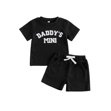 BemeyourBBs Toddler Baby Boys Summer Clothes Daddy s Mini Outfits Letter Embroidery Waffle Knit Short Sleeve Round Neck T shirt Tops and Shorts Set