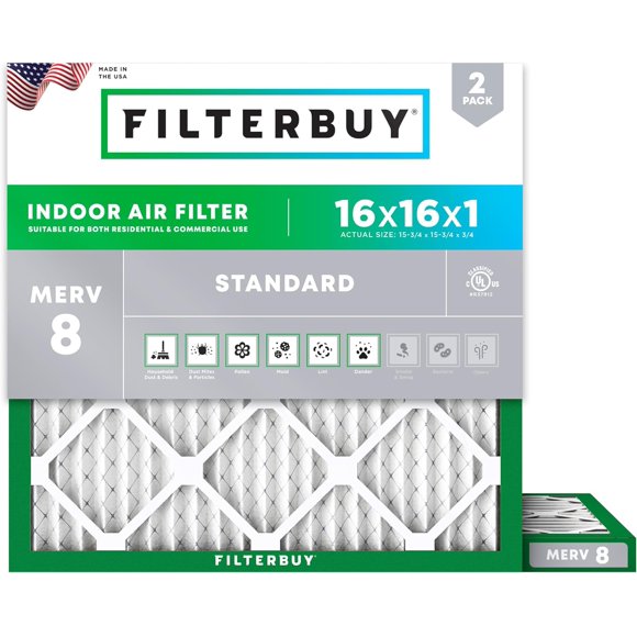 Filterbuy 16x16x1 MERV 8 (MPR 600) Dust Defense, Pleated HVAC AC Furnace Air Filters (2-Pack)