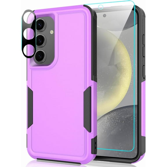 for Samsung Galaxy S24 Case with Tempered Glass Screen Protector & Camera Lens Protector,Heavy-Duty Tough Rugged Slim Shockproof Phone Case for Galaxy S24 (6.2", 2024)[Purple/Black]