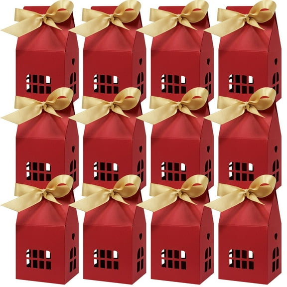 Wrapables House Shaped Gift Boxes with Ribbons for Weddings, Housewarming, Cookies, Candies, Treats, Party Favors (Set of 12), Red