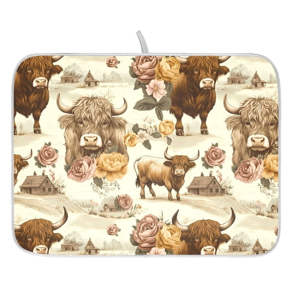 Ryvnso Highland Cattle Flower-w1 Dish Drying Mat for Kitchen Countertop 16x18 Small Dish Pad Drainer Rack Dish Sink Mats