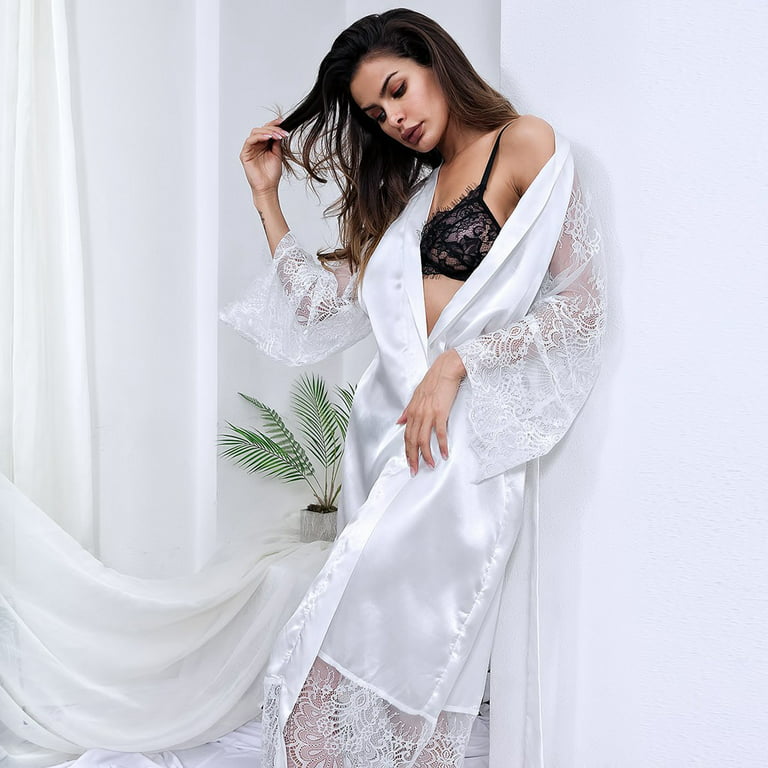 GWAABD Bride Underwear Wedding Day Bath Lace Robe Dressing Silk Women  Lingerie Belt Kimono Nightwear