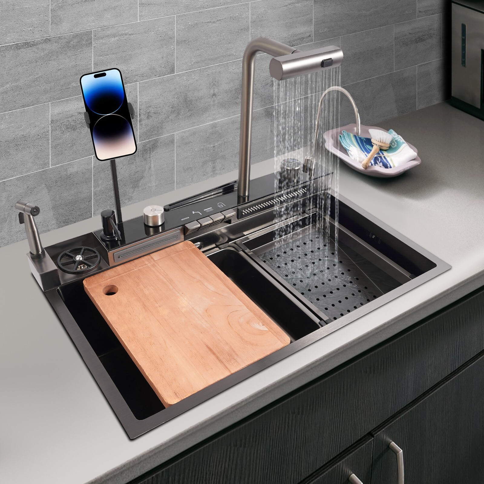 Stainless Steel Single Slot Digital Kitchen Sink Faucet Flying Rain Waterfall 75*46*23cm