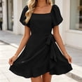 thumbnail image 2 of VBVC Women's Square Neck Puff Sleeve Wrap Mini Dress,Ladies Waist Tie Ruffle Hem A-Line Dress,Elegant Summer Cocktail Party Dress For Women,Black,S-XL, 2 of 7