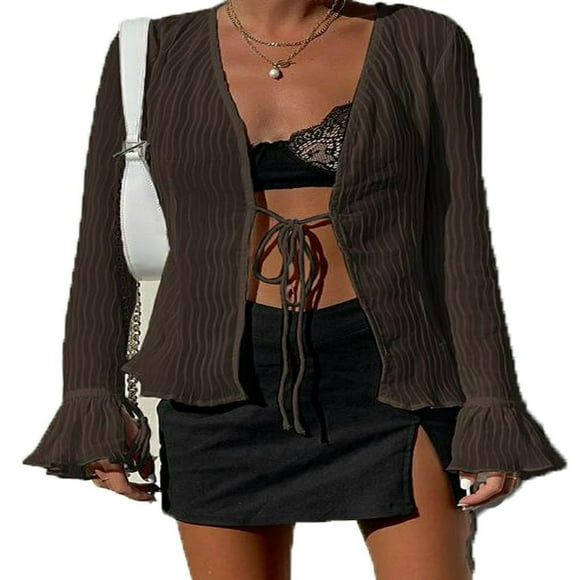 AAOMASSR See Through Cardigan for Women Mesh Sheer Front Tie Up Shirts Long Sleeve Y2k Vintage Button Blouse Tops White M