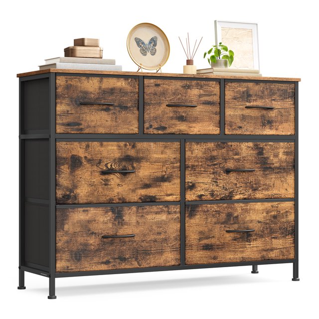 SONGMICS Commode pour Chambre, Commode à Tiroirs, Acier, MDF, 7 Tiroirs en Tissu Non Tissé, Unité d'Organisation de Rangement, Garde-Robe, Entrée, Brun Rustique et Noir Encre