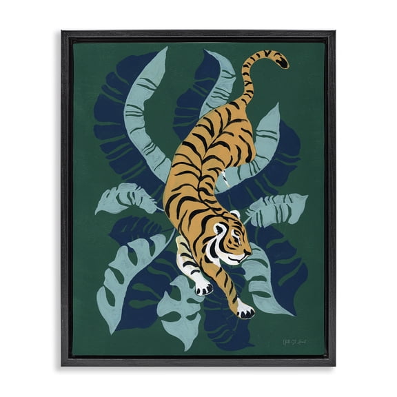 Stupell Industries Mid-Century Tiger Prowling over Palms Black Floating Frame Canvas Art, 17 x 21, by Yvette St. Amant