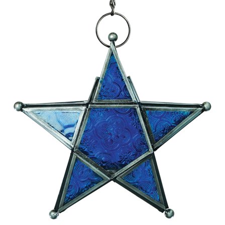 In the Breeze 9216 — Blue 5-Point Star Tealight Lantern — Moroccan-Style Boho Chic Glass and Metal Tealight Hanging Lantern