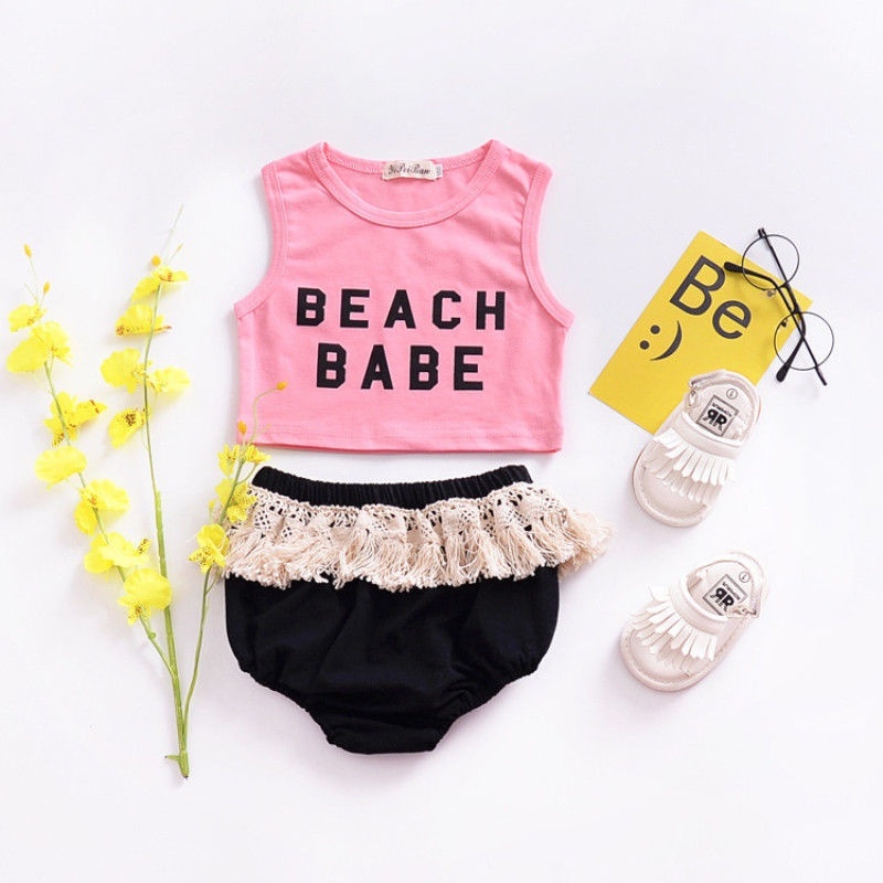 Newborn Kids Beach Clothing Set Baby Girl Crop Top Tassels Shorts