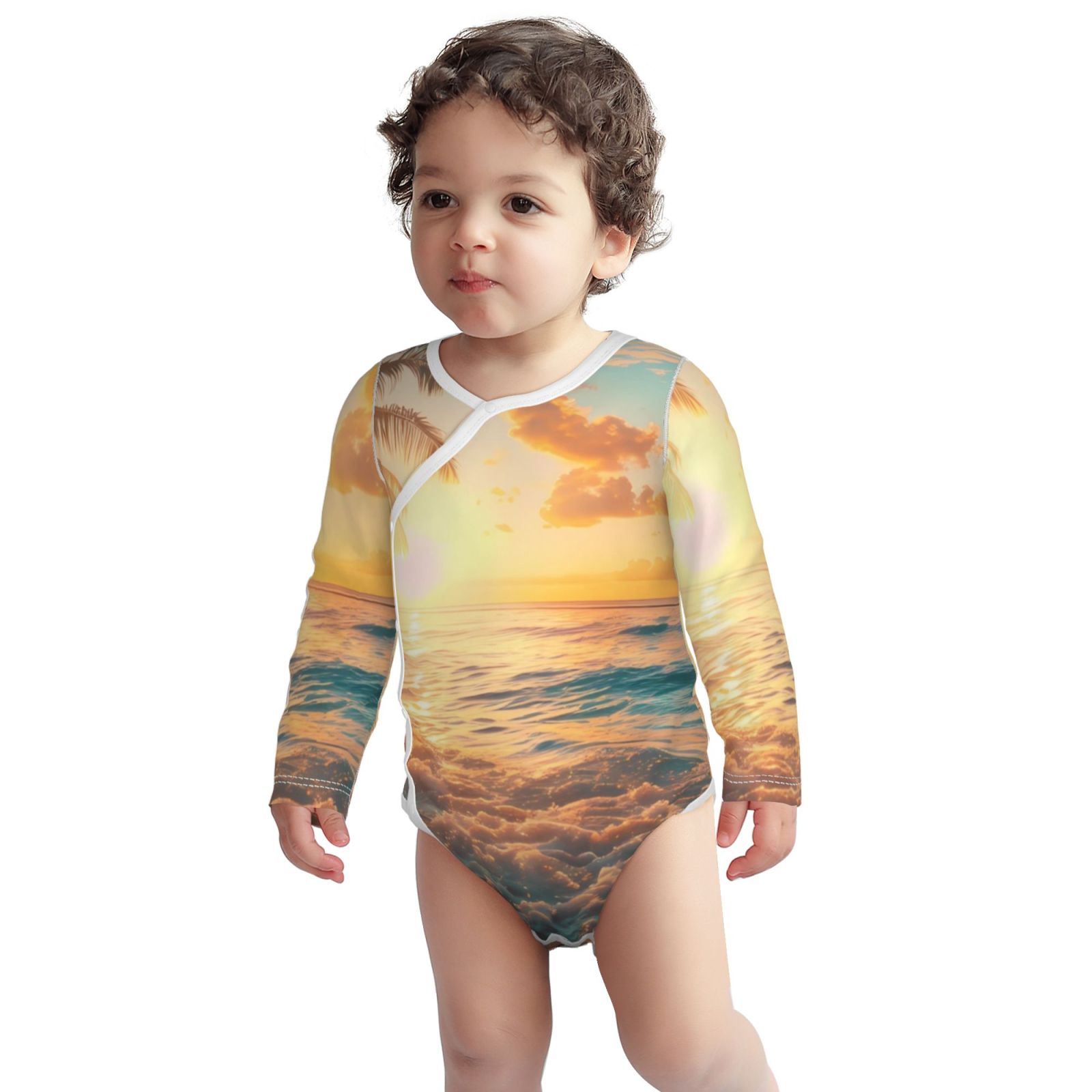Xecao Tropical Sunset Beach Scene Print Baby unisex-baby Cotton Long-sleeve Bodysuits-12 Months