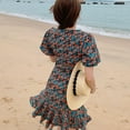 thumbnail image 3 of CNKOO Été Femmes V Cou Floral Mini Robe Manches Courtes Froncé Robes Vintage Sexy, 3 of 9
