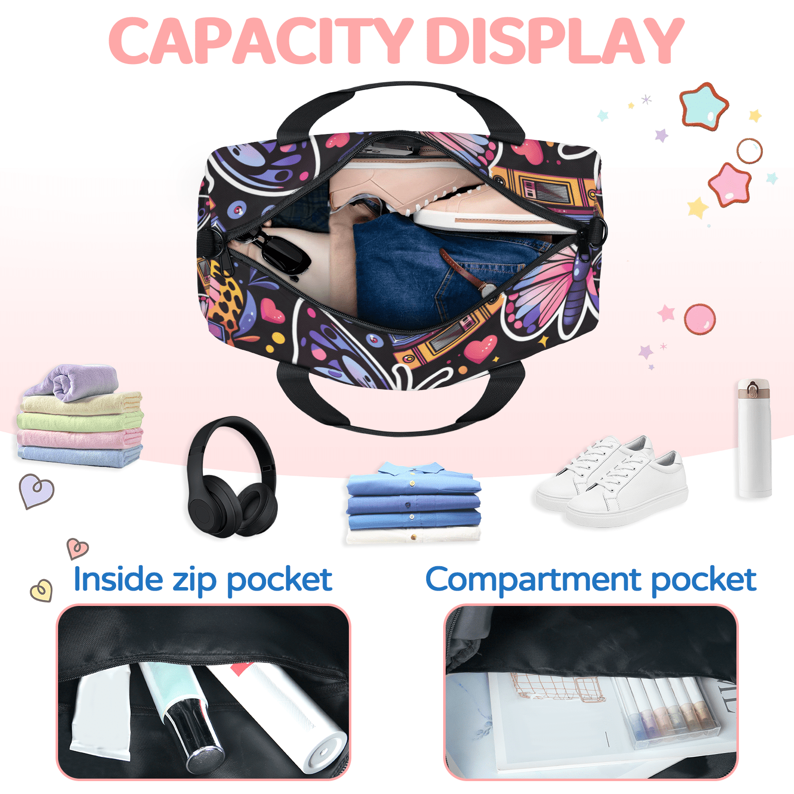 Herdesigns Butterfly Travel Duffle Bag Sports Yoga Weekender Overnight Carry on Workout Bags Lightweight Waterproof Gym Tote Bag for Women Butterflies