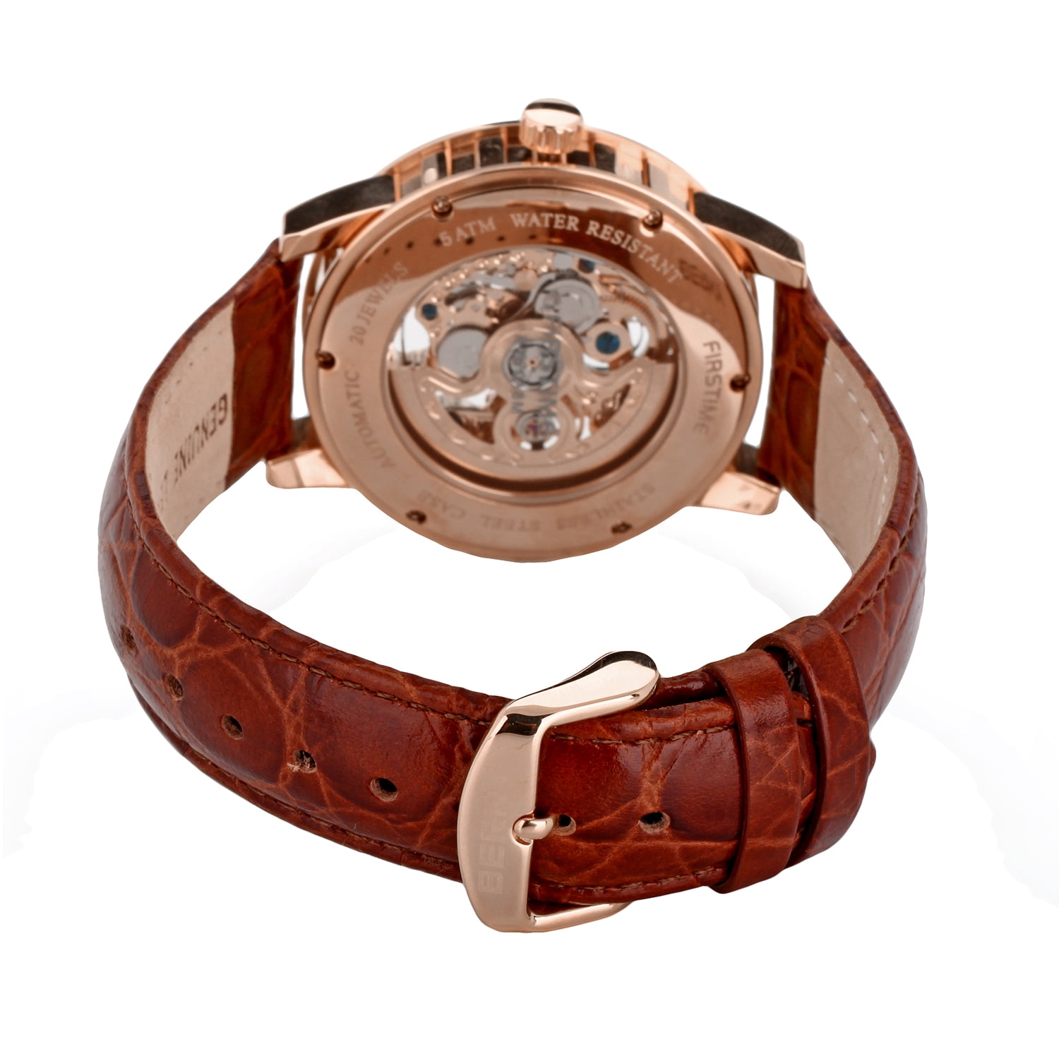 BERNY Automatic Watches for Men, Luxury Skeleton Mechanical Watch Self Winding Carved, Exhibition Caseback, Luminous, 5ATM Waterproof, Stainless Steel, Vintage Men's Leather Watch (Rose Gold)