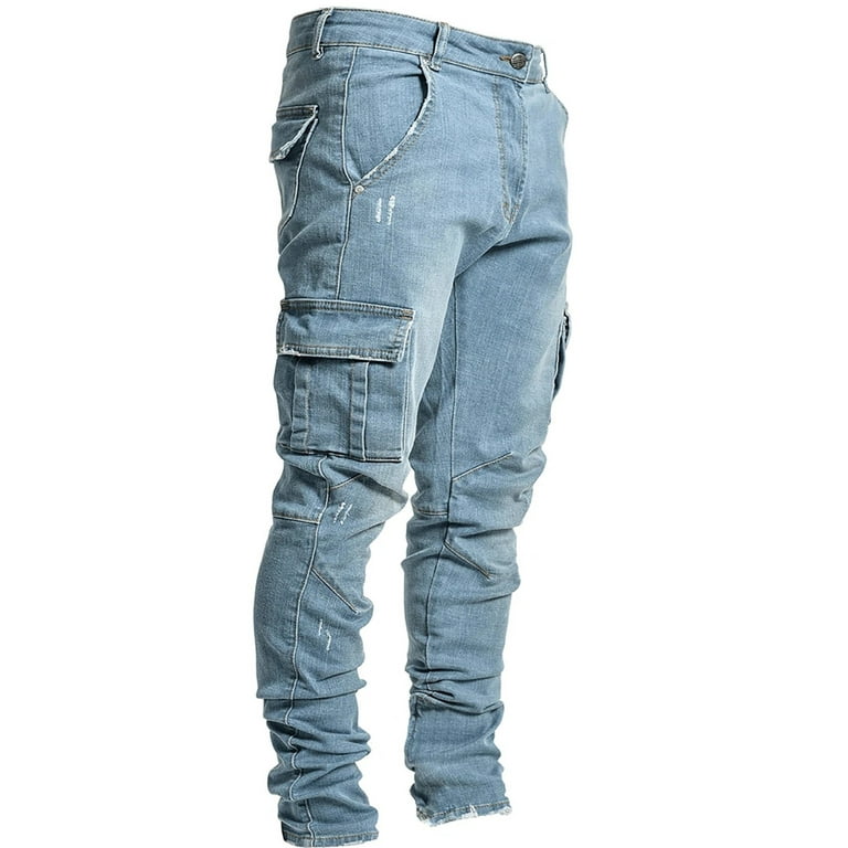 RQYYD Men's Side Pocket Pencil Jeans Skinny Casual Hip Hop Denim Pants  Angled Cargo Pockets Jean Streetwear Trousers Joggers(Blue,S)