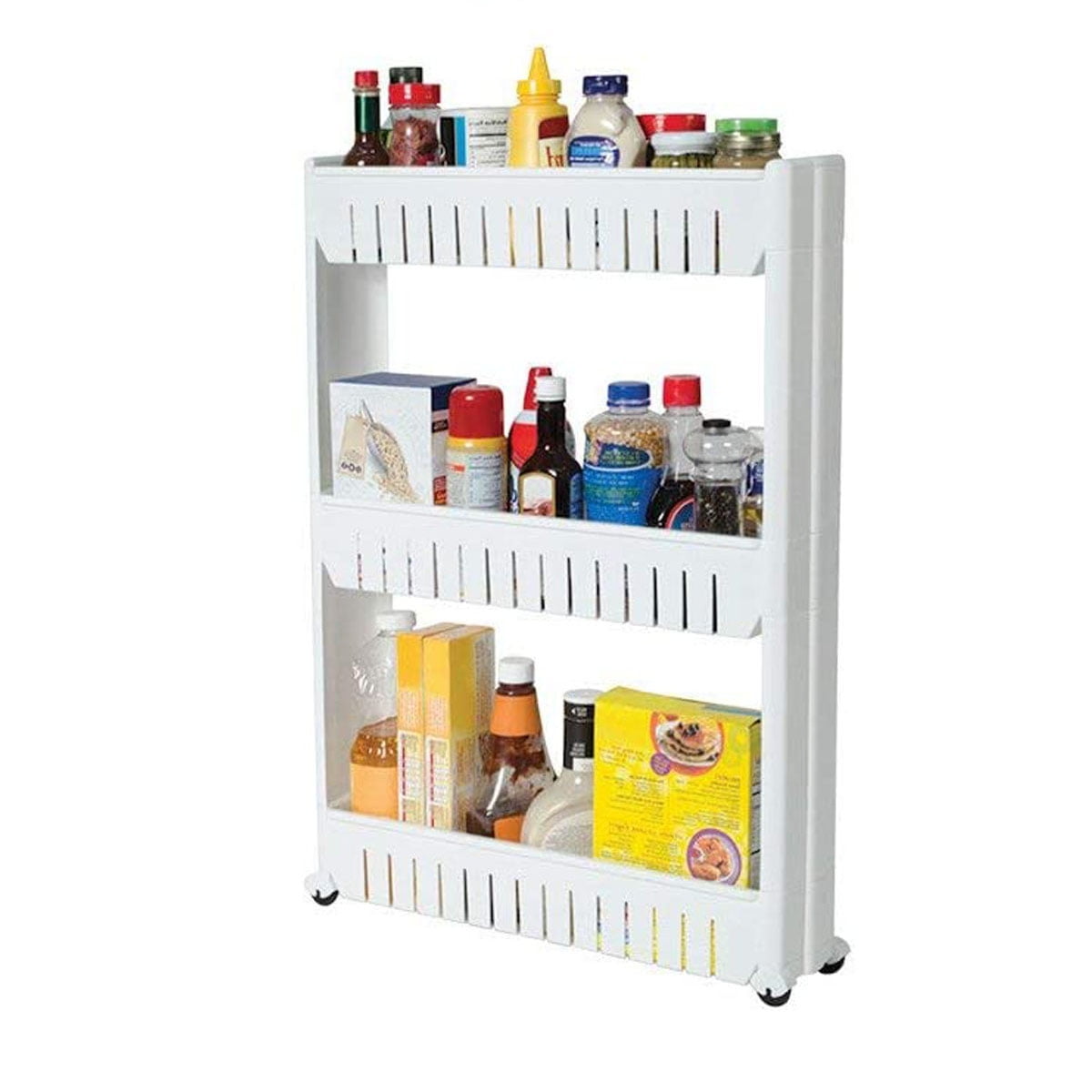 Seenda 3 Tier Slim Storage Cart Mobile Shelving Unit Organizer Slide Out Storage Rolling Utility Cart Tower Rack for Kitchen Bathroom Laundry Narrow Places,White