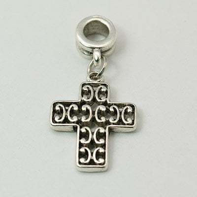 Mini Antiqued Cross Charm Antique Silver Finish Old Style Cross Dangle Charm Bead. Compatible With Most Pandora Style Charm Bracelets. ()