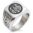 thumbnail image 1 of Stainless Steel Torii Samurai Crest Geometric Pattern Biker Style Polished Ring, 1 of 1