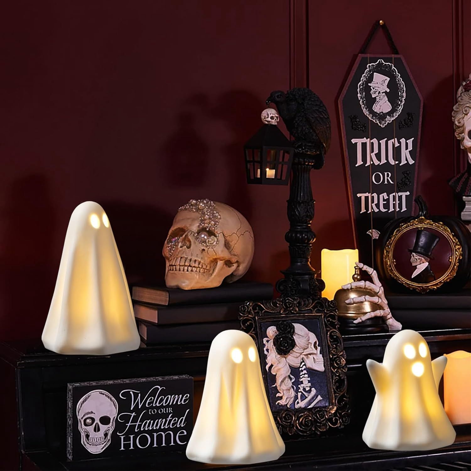 Light Up Ceramic Ghost Decorations with Timer for Halloween Indoor Display