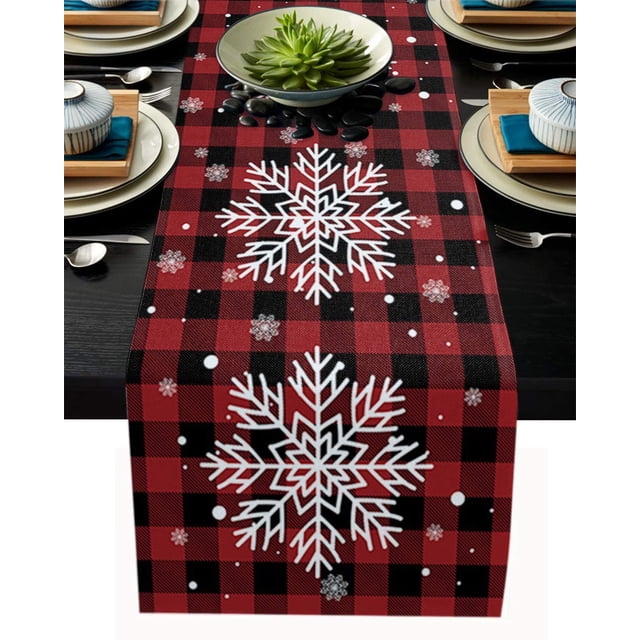 Chemin de Table en Coton et Lin Long Chemin de Mariage 18x72 Pouces Flocons de Neige de Noël sur Rouge et Noir Carreaux de Buffle Flocons de Neige Foulard de Commode Chemins de Table Décorations de Table Rustiques Lignes de Table
