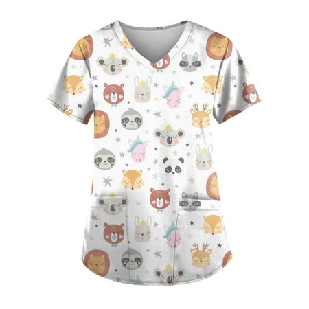 

Qcmgmg Nurse Scrubs for Women with Two Pockets Short Sleeve V Neck Cartoon Pattern Uniform Shirts for Women Workwear Loose Fit Scrub Tops Women Stretchy Casual Cute Dressy Tops Brown L