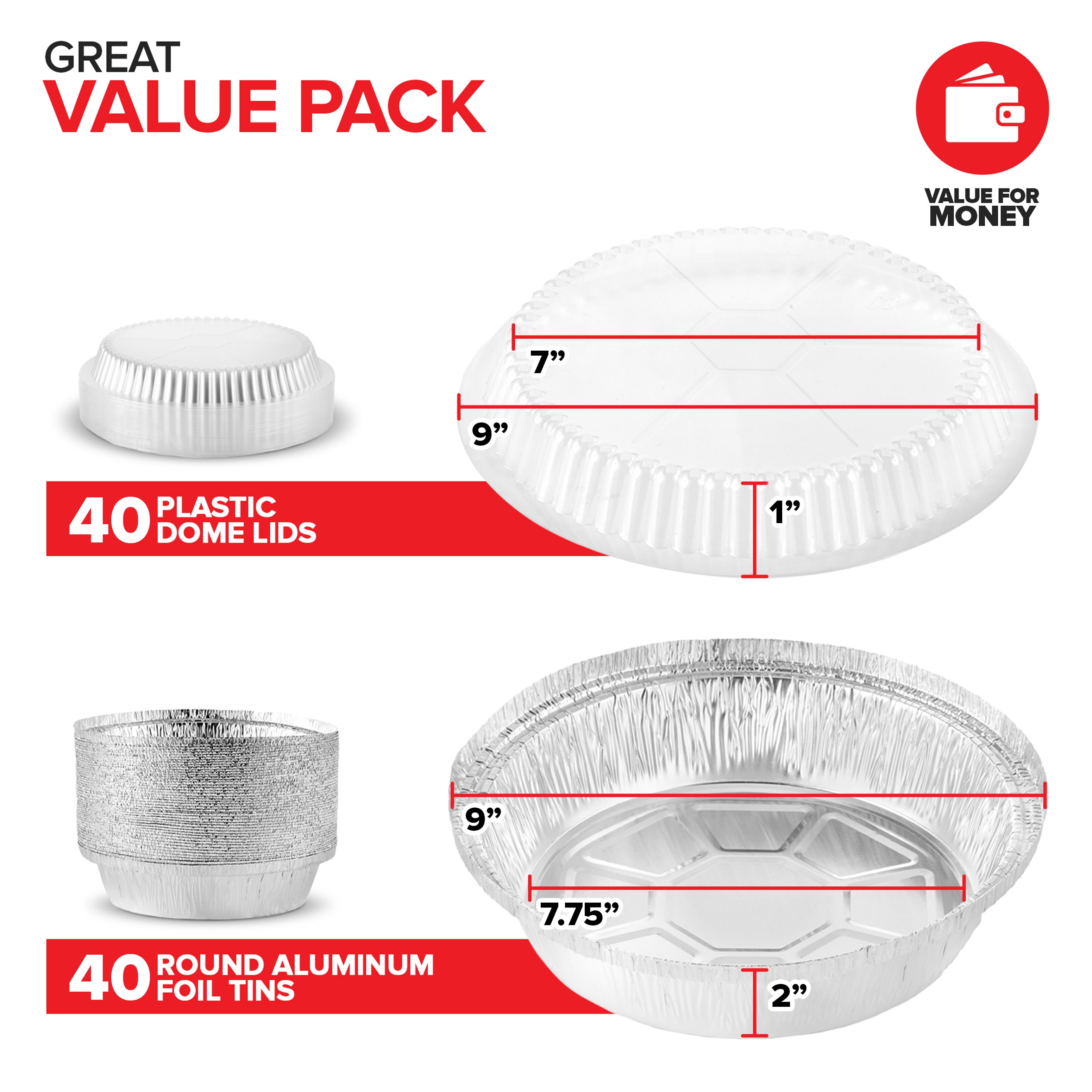 9" Round Aluminum Foil Pans With Lids (40 Pack) Pie Tins Disposable 9 Inch With Lid, To-Go Containers For Pies, Cheesecake, Cinnamon Rolls, Flan, 2" Deep Dish Cake Pan For Holidays