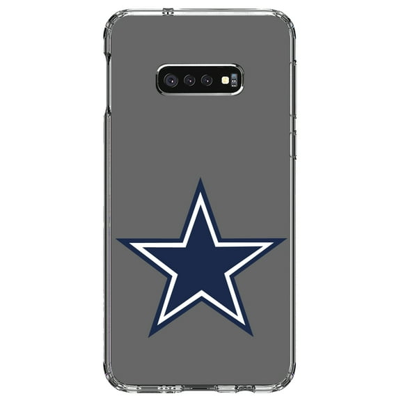 DistinctInk Clear Shockproof Hybrid Case for Samsung Galaxy S10e (5.8" Screen) - TPU Bumper, Acrylic Back, Tempered Glass Screen Protector - Dallas Star Grey Navy - Football Team