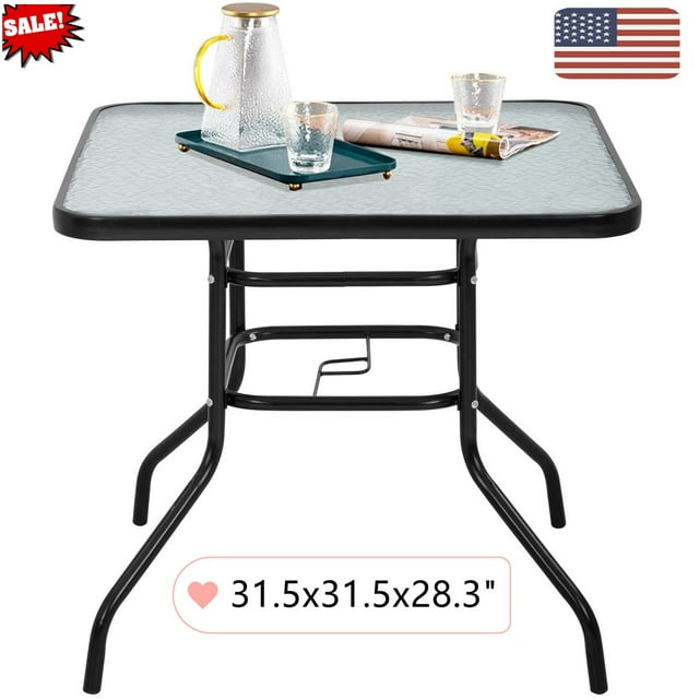 Goorabbit Outdoor Dining Table Two Shape Garden Patio Furniture Side Table Outdoor Bistro Glass Top Yard,Black