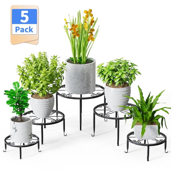Foukus 5-Pack Black Metal Plant Stand: Rustproof Flower Shelf Indoor and Outdoor, Durable Pot Stands for Living Room, Balcony, Patio, Garden, Office, Home - Curved