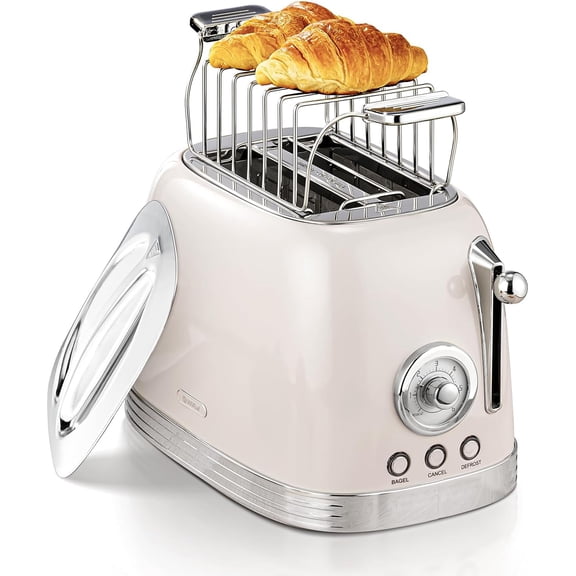 Beige Cute Retro Toaster 2 Slice with 1.58" Wide Slots, Bread toaster with Cover and Warm Rack, Stainless Steel Toasters with Removable Crumb Tray, Preheat, Defrost, Cancel Function (Cream)