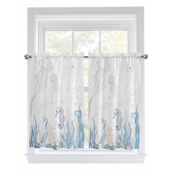Seahorse Coastal Bathroom Window Curtain, Summer Beach Ocean Nautical Coral Light Filtering Coffee Kitchen Curtains, Bedroom Living Room Curtains 2 Panel 84"x54"