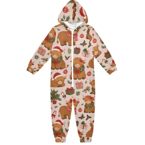 Highland Cow Christmas Boys & Girls Hooded One-Piece Pajamas Warm Crystal velvet Hooded Long Sleeve Loungewear Jumpsuit Unisex