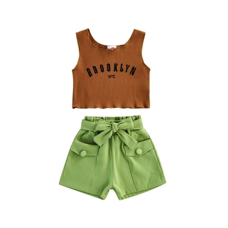

TheFound Toddler Baby Girls Summer Clothes 2pcs Sleeveless Letter Print Ripped Vest Tops+High Waist Shorts With Belt Sets
