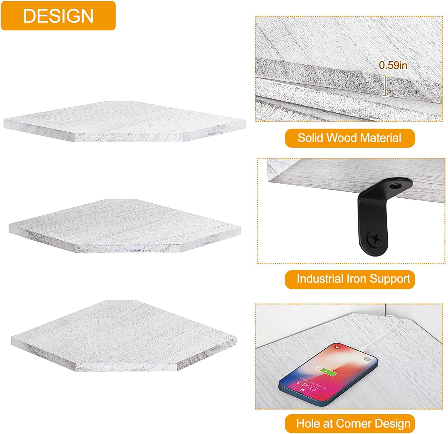 Set of 3 Floating Corner Shelves, White-Gray Wall Mounted Wood Shelves