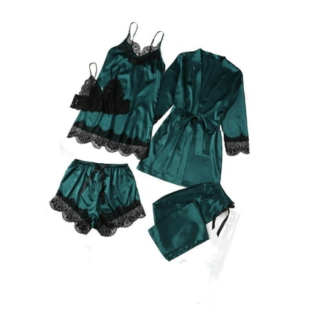 

5pcs Set Elegant Colorblock Cami Robe Sets Teal Blue Women s Pajama Sets (Women s)