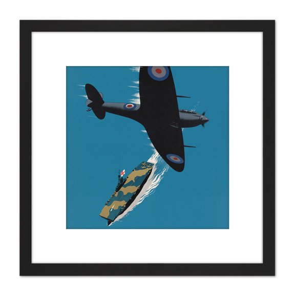 War WWII UK Spitfire Aircraft Carrier Churchill Japan Advert 8X8 Inch Square Wooden Framed Wall Art Print Picture with Mount