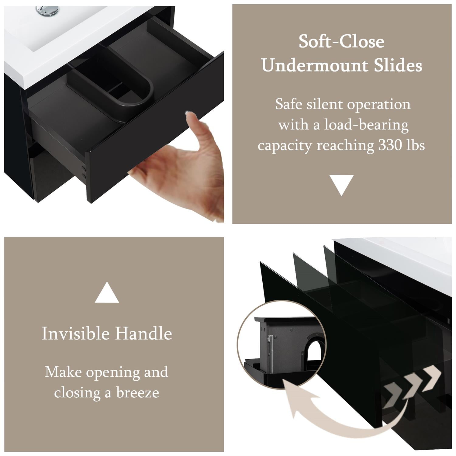 Demi Bonn 24" Floating Bathroom Vanity with Sink, Resin Top Basin and 2 Soft Close Drawers, Faucets and Drains Not Included, Black