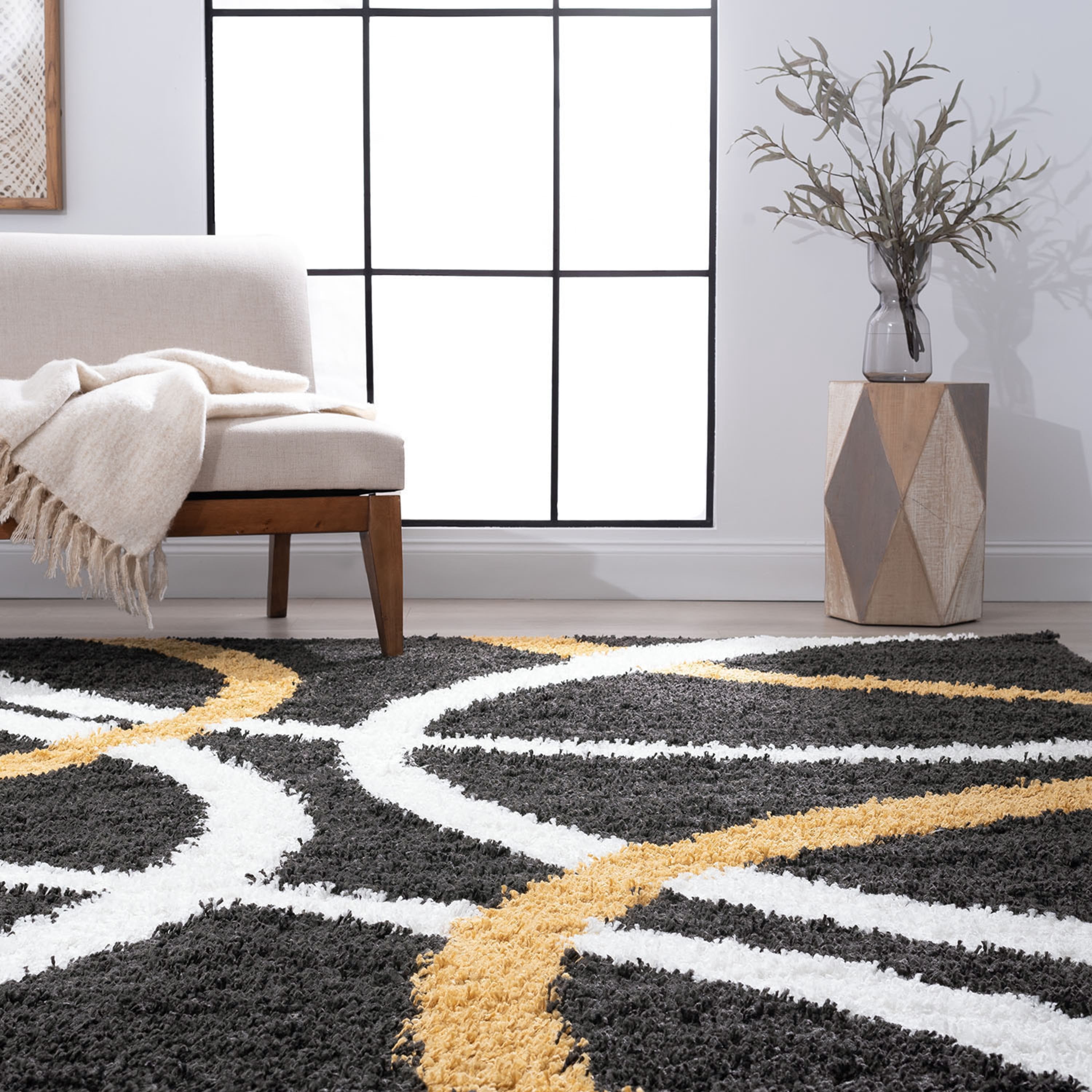 Contemporary 5x8 Area Rug Shag Thick (5'3'' x 7'3'') Abstract Dark Gray, Gold Living Room Easy to Clean