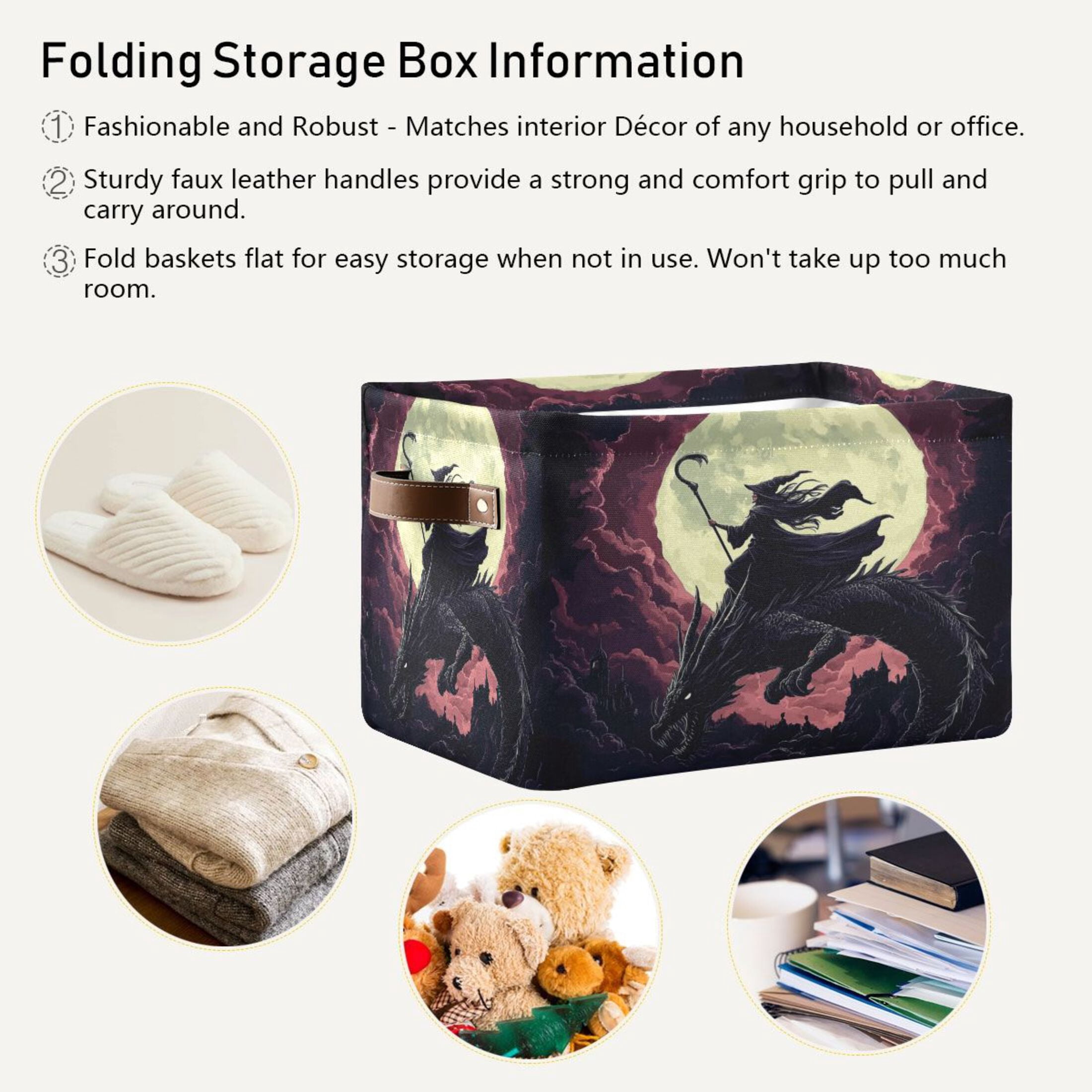 WOBOGO Witches and Black Dragon Square Storage Basket with Waterproof Canvas and PE Lining Durable PU Leather Handles 14.2×10.2×8.3in