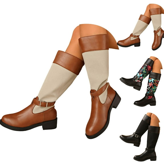 Dakaela Women's Knee High Boots Round Toe Buckles Motorcycle Riding Boots Chunky Low Heel Wide Calf Biker Western Dress Booties Black 6