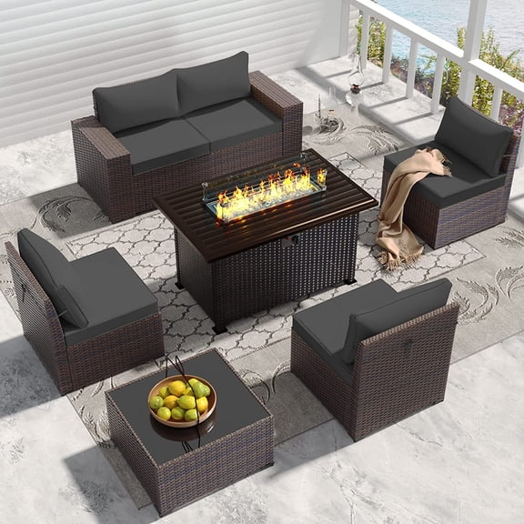 Gotland Outdoor Patio Furniture Set 7 Pieces Rattan Wicker Sofa with 43.3"Table,Grey