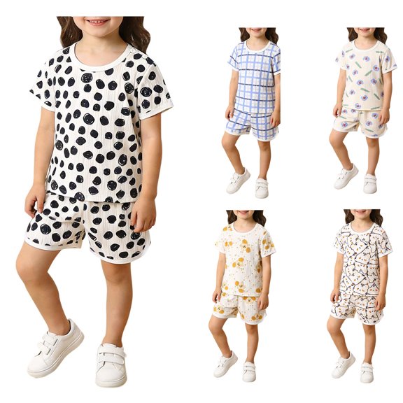 WAVSUF Outfit Sets for Girls 2 Piece Polka Dots Tops and Elastic Shorts Soft Touch Lightweight Summer Home Breathable Clothes Black Size 6-8