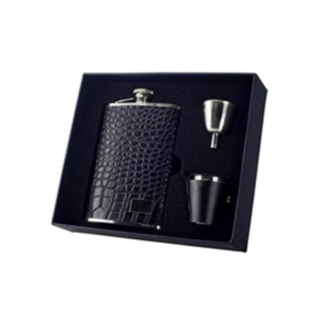 Gator Black Crocodile Leather Deluxe Hip Flask Gift Set - 8 oz