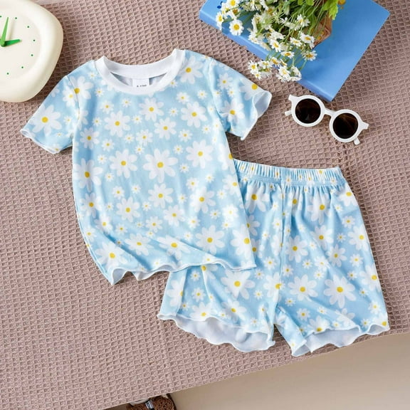 Girls Summer Floral Fruit Print Round Neck Short Sleeve Shorts Set